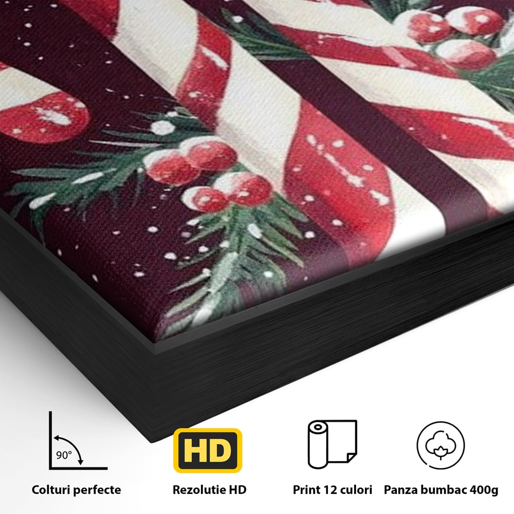 Detaliu al suprafetei: tablou canvas cu bastonase de zahar, in rama de aluminiu negru